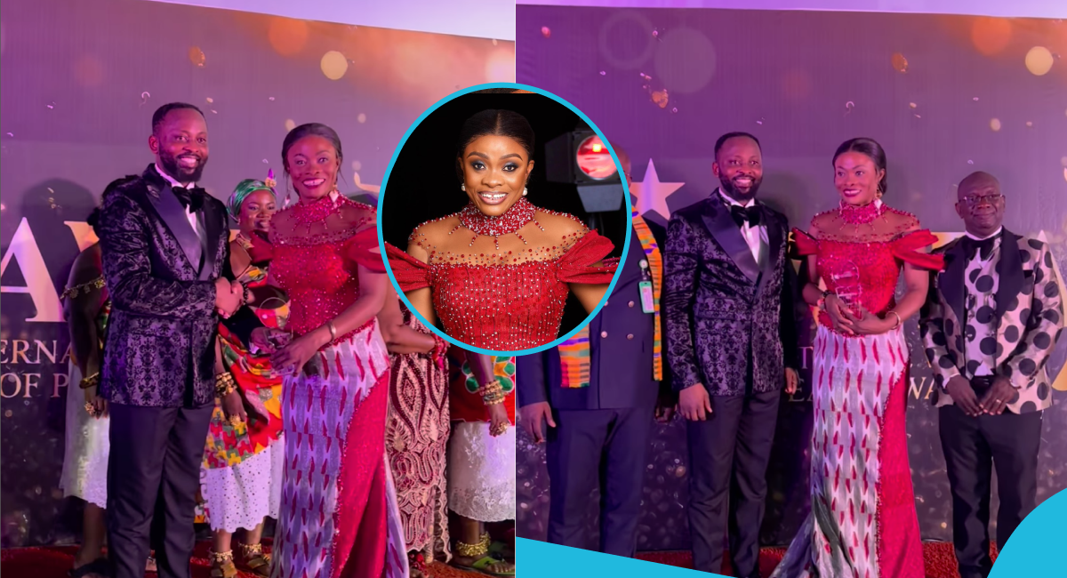 Diana Asamoah: Ghanaian Gospel Singer Elegantly Repeats Her Stunning Kente Gown To Receive An Award [Video]