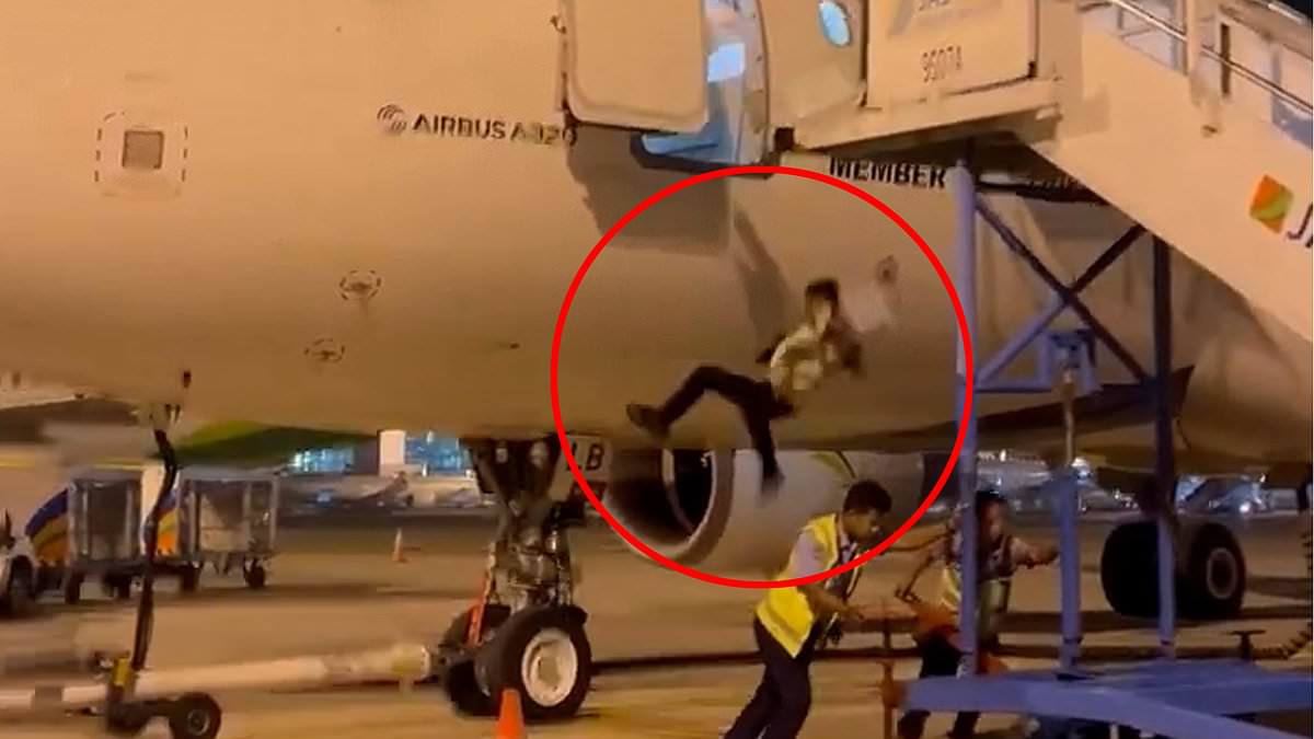 Look before you leap! Airline worker falls onto the runway after stepping out of a plane without realising the runway steps have been moved away [Video]