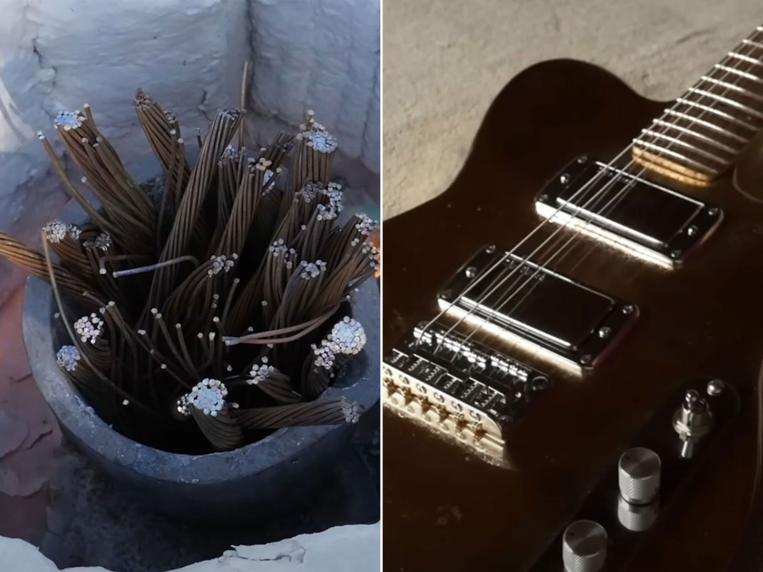 Is this the heaviest guitar ever? Check out this super-weighty bronze guitar made from melted copper wire [Video]