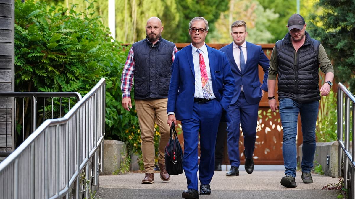 Nigel Farage arrives to face Question Time audience surrounded by pro-refugee protesters after Reform were plunged into a racism row when a campaigner was caught on film calling Rishi Sunak a 
