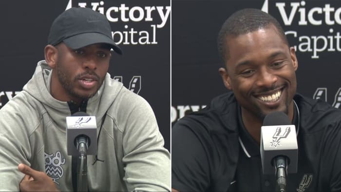 New Spurs players Chris Paul and Harrison Barnes say theyre excited to play for Coach Pop, connect with teammates [Video]