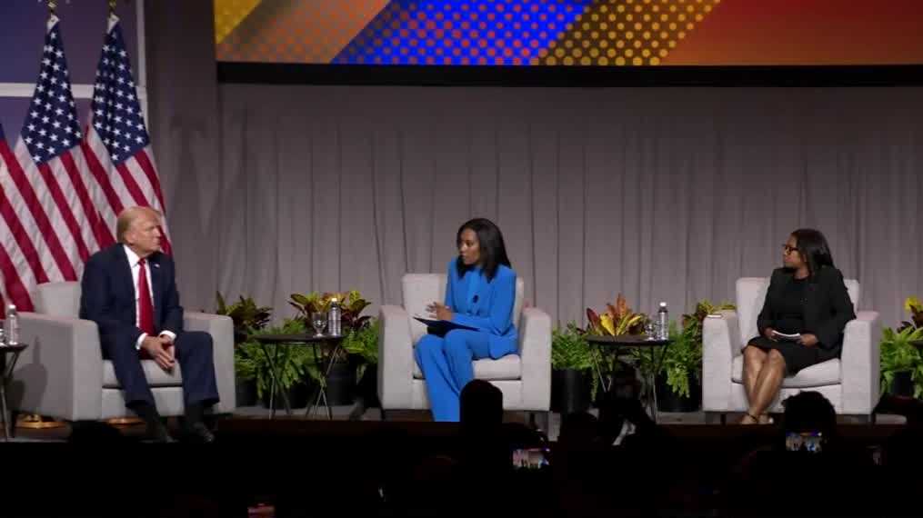 Trump questions Harris’ race in testy appearance at convention [Video]