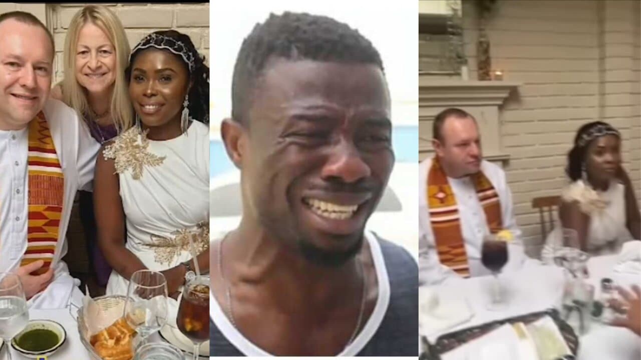 Watch the full plush wedding ceremony of Kwaku Manu’s ex-wife’s marriage to her rich obroni husband [Video]