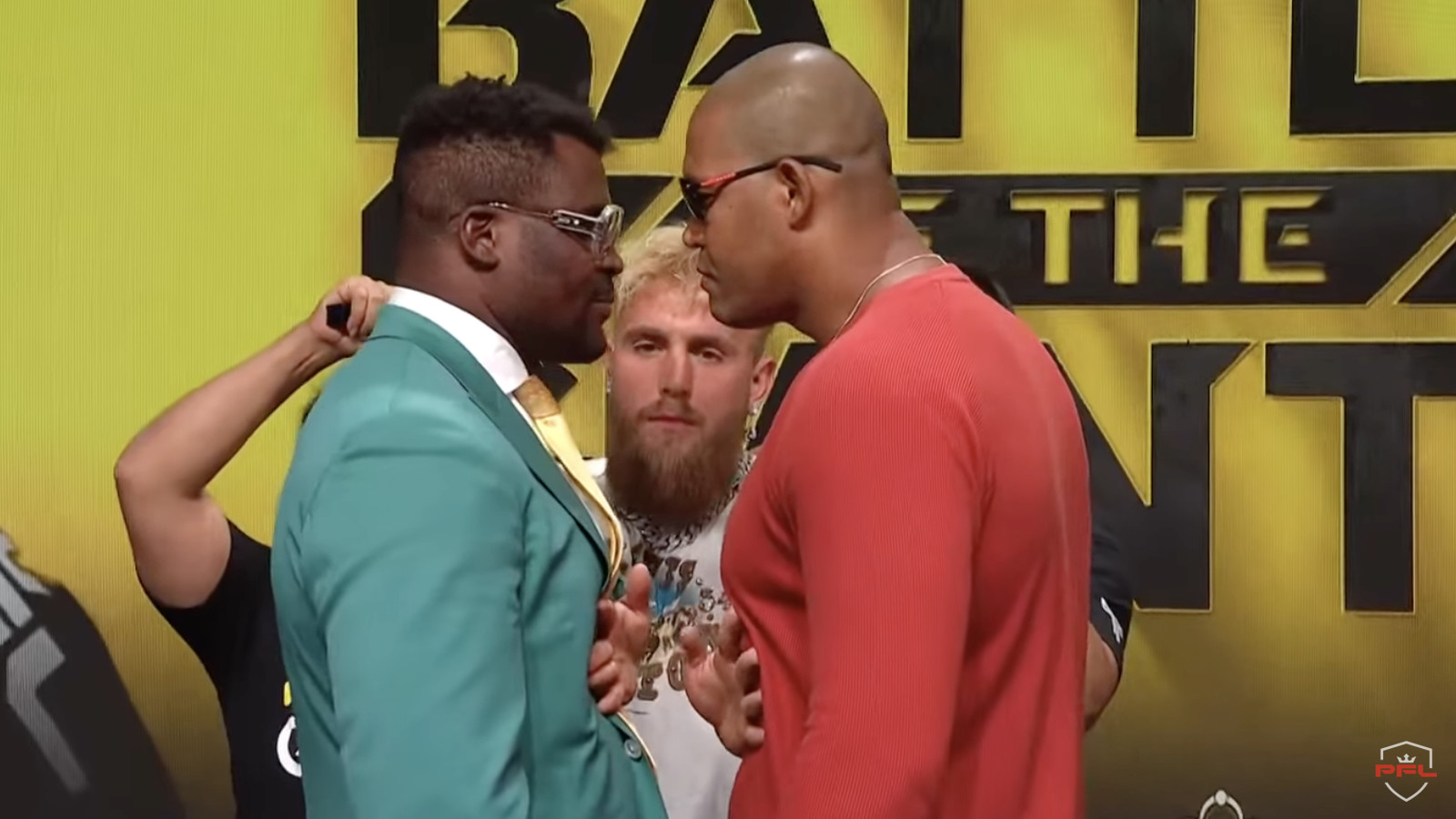 Face off! Francis Ngannou, Renan Ferreira sandwich Jake Paul during Giants staredown at PFL presser (Video)