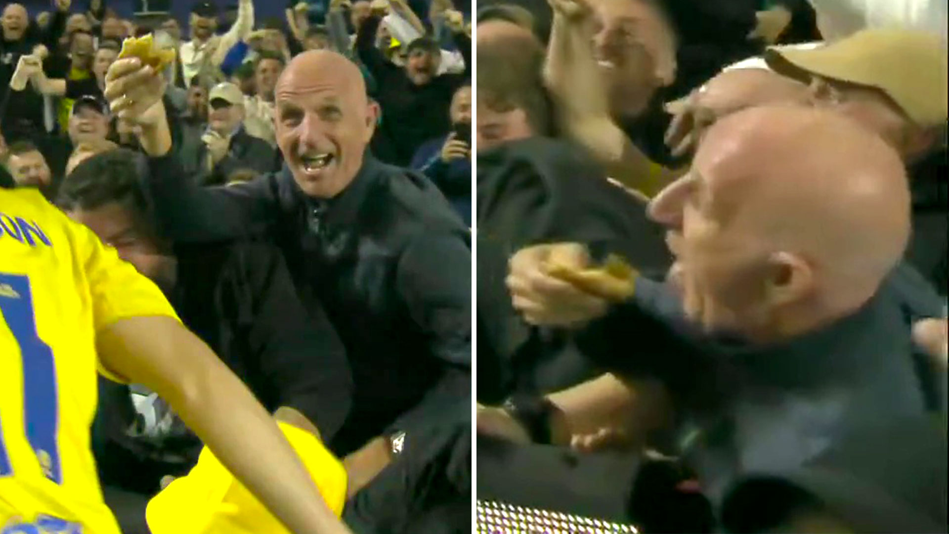 Watch Leeds fan fall through advertising hoarding while scoffing a pie as Championship is branded best league in world [Video]