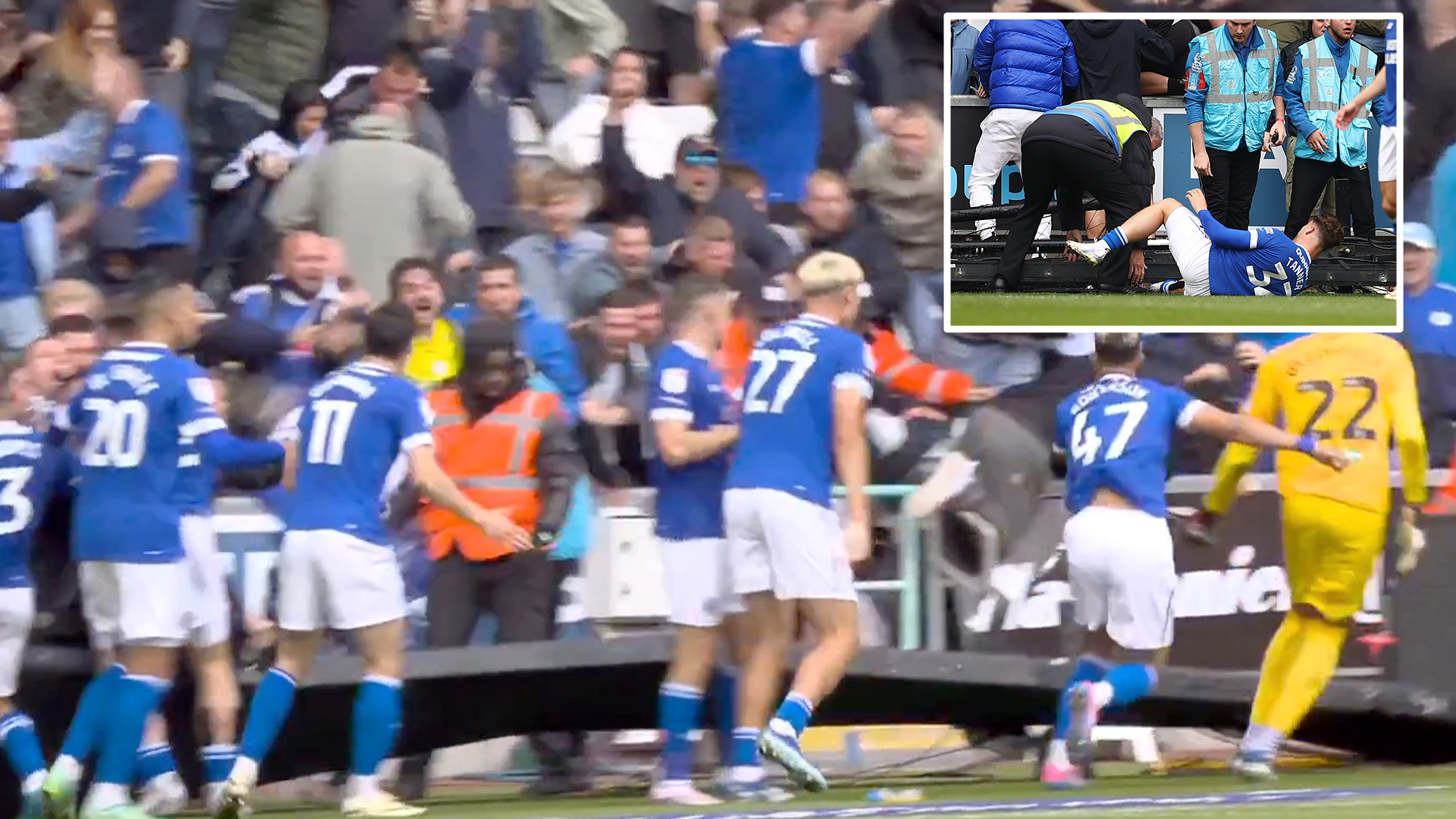 Shocking moment Cardiff star left with gash on leg after advertising boards COLLAPSE on him as fans celebrate goal [Video]