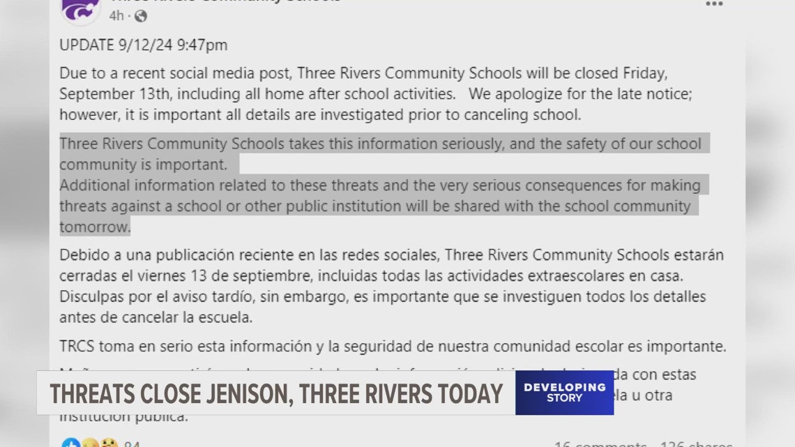 Jenison, Three Rivers close Friday due to more online threats [Video]