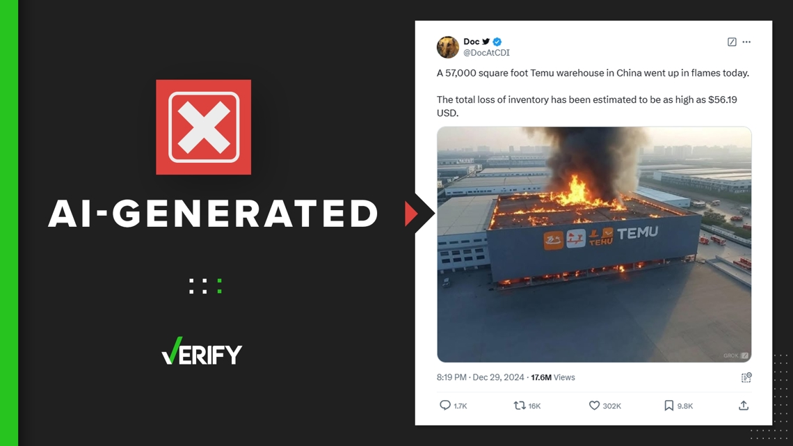 An image claiming to show a Temu warehouse fire is AI-generated [Video]