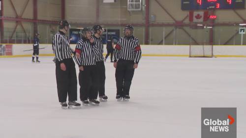 Three generations of a family officiate minor hockey week game [Video]